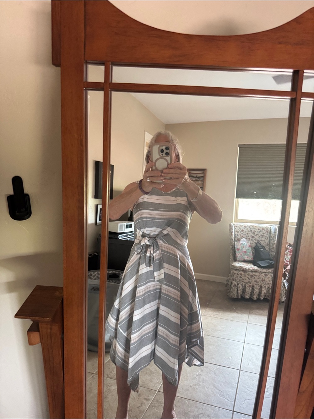 Striped Asymmetrical Tie-Waist Midi Dress in Gray and White